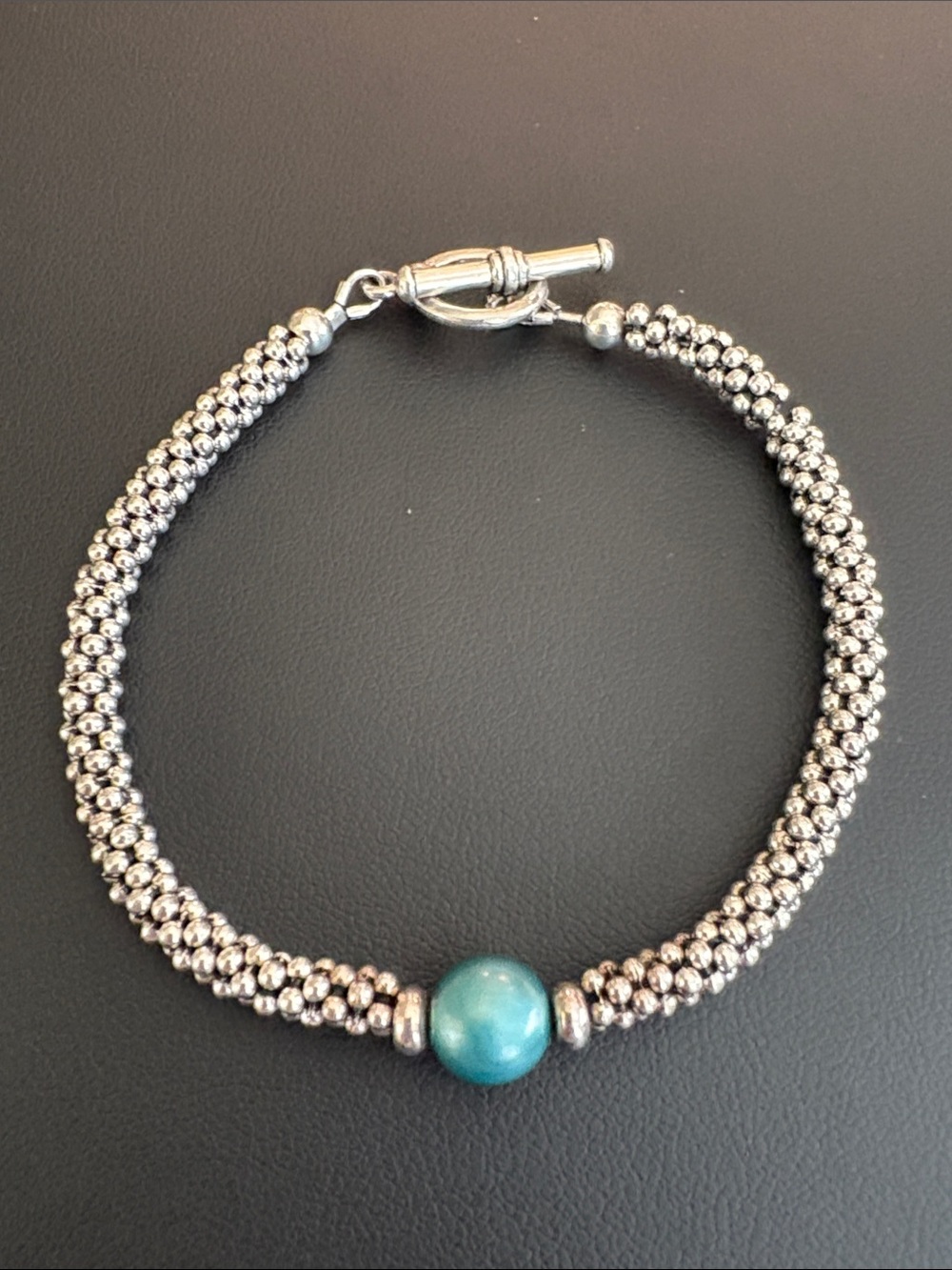 Handmade Sterling Silver Caviar Style Turquoise Dyed Pearl Bracelet 7.5” - Picture 5 of 6